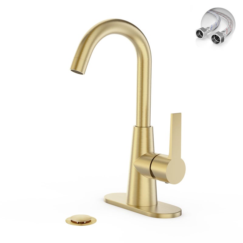 Phiestina Brushed Gold Single-Handle 4 Inch Bathroom Sink Faucet with Deck Plate and Supply Hoses, Bar Sink Faucet/Pre-Kitchen Sink Faucet with 360 Degree Rotation Spout, WE10-BG - Image 1
